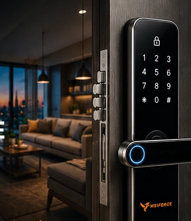 Fechadura digital MSIFORCE instalada em porta de apartamento de temporada