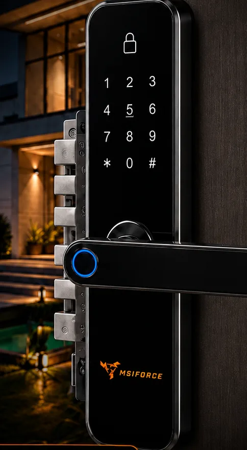 Fechadura digital com biometria instalada pela MSIFORCE em porta de madeira escura
